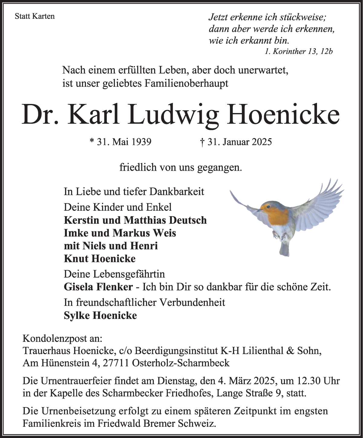Traueranzeige von Karl Ludwig Hoenicke von Osterholzer Kreisblatt