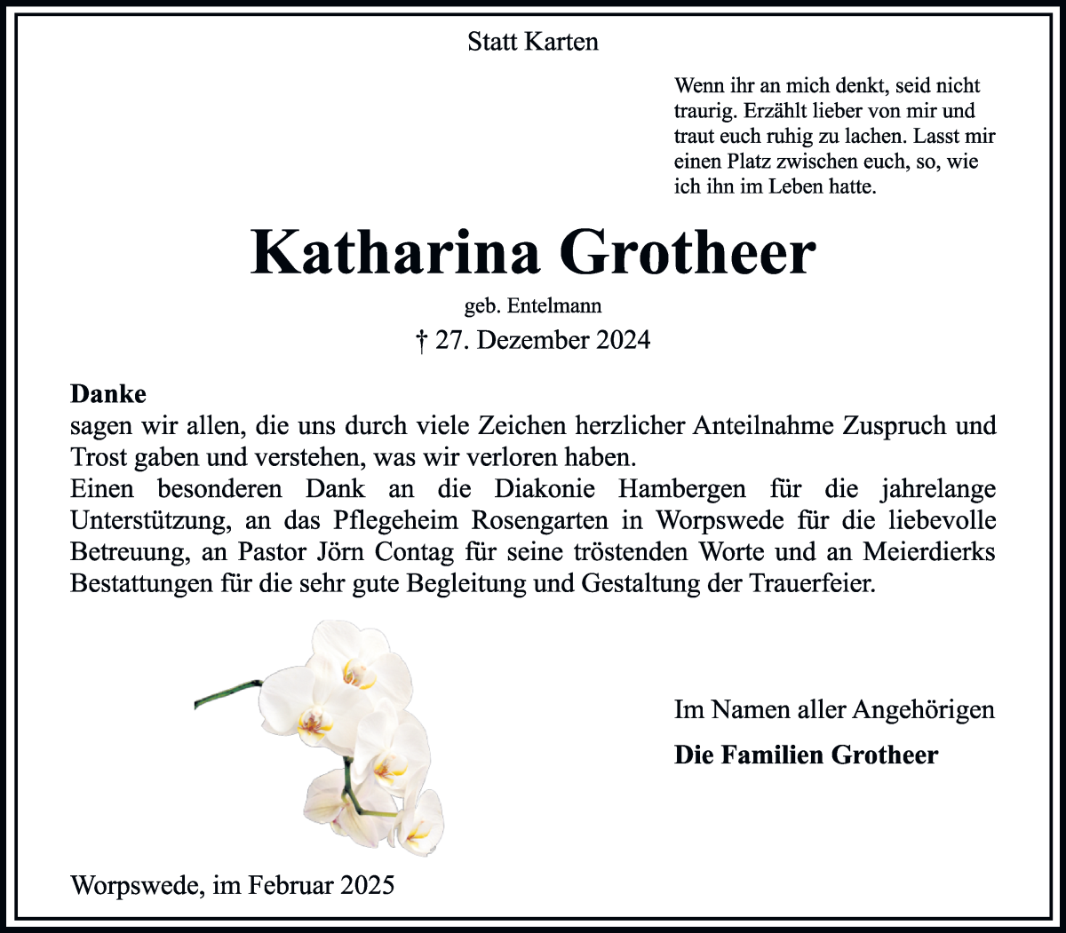 Traueranzeige von Katharina Grotheer von Wuemme Zeitung