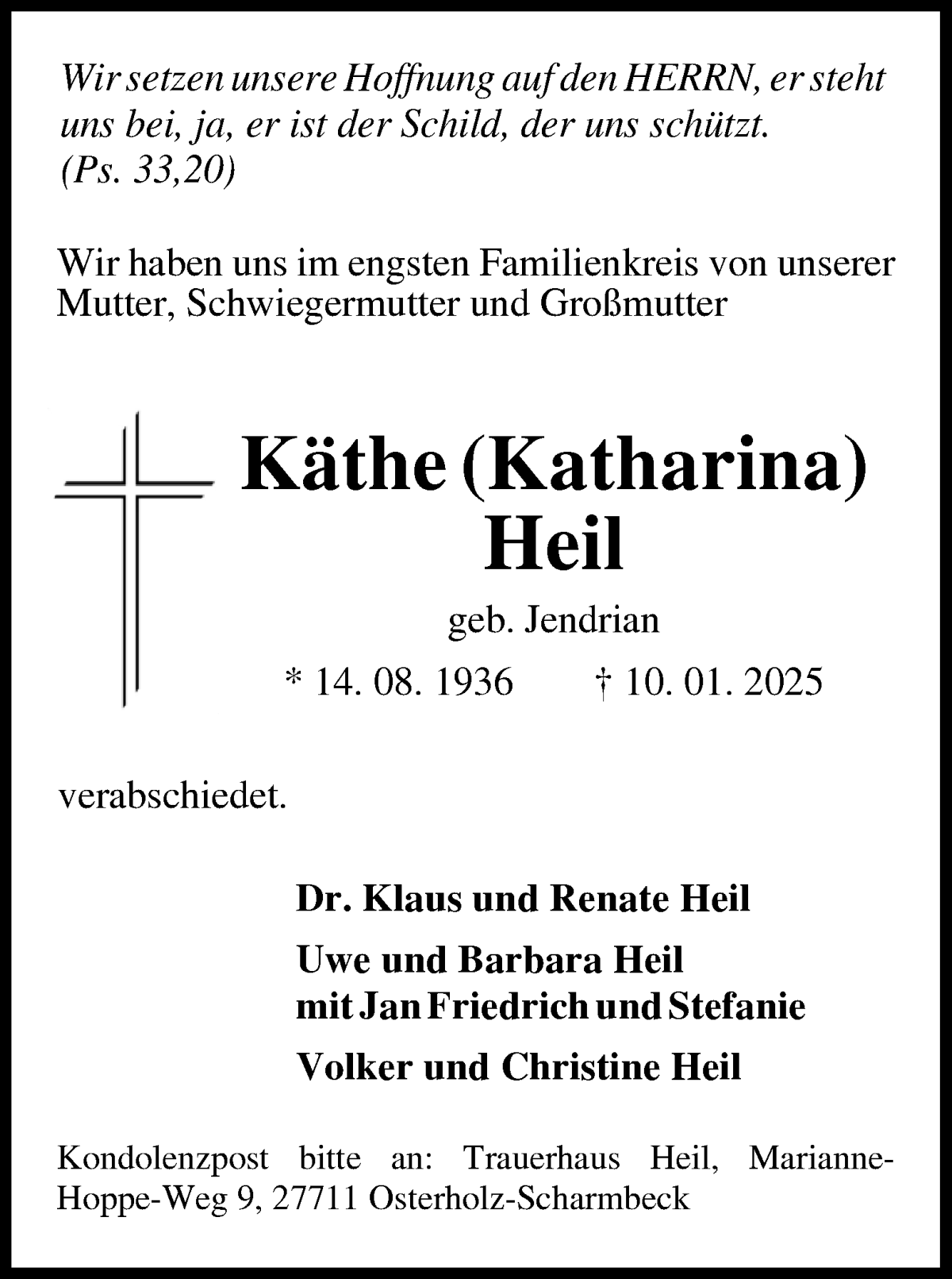 Traueranzeige von Katharina Heil von WESER-KURIER