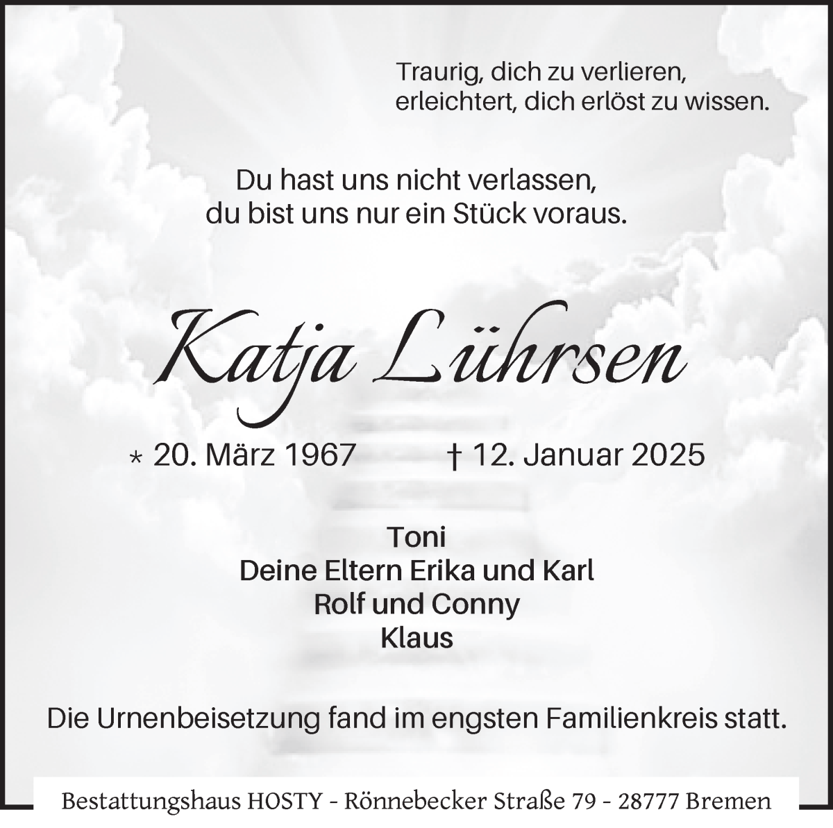 Traueranzeige von Katja Lührsen von Die Norddeutsche