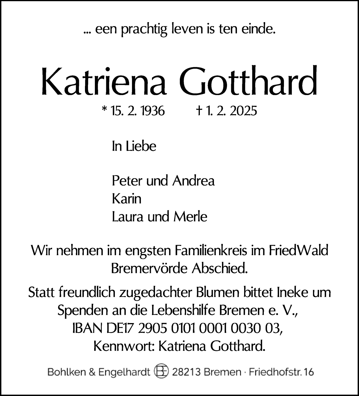 Traueranzeige von Katriena Gotthard von WESER-KURIER