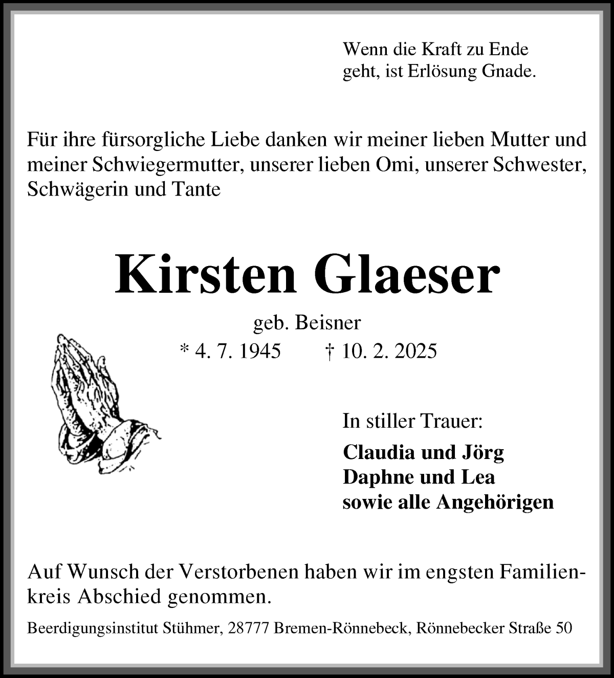Traueranzeige von Kirsten Glaeser von Die Norddeutsche