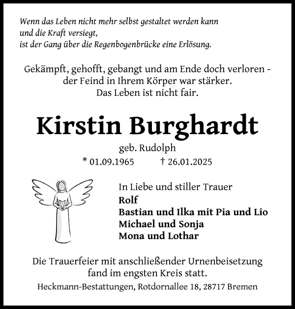 Traueranzeige von Kirstin Burghardt von WESER-KURIER