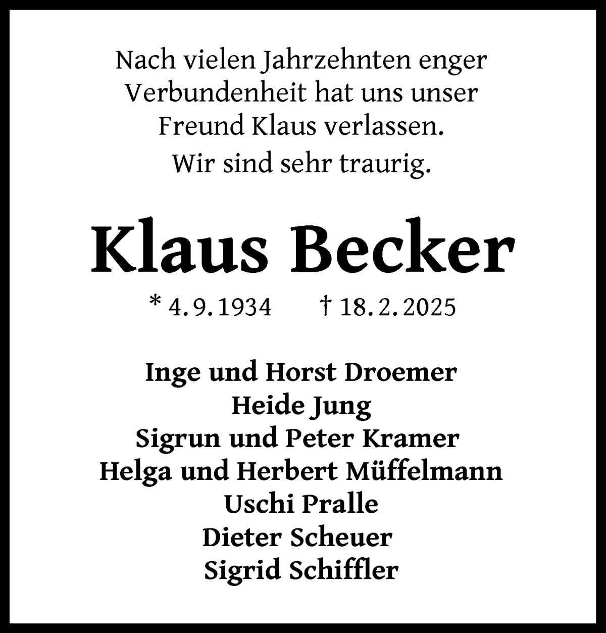 Traueranzeige von Klaus Becker von WESER-KURIER