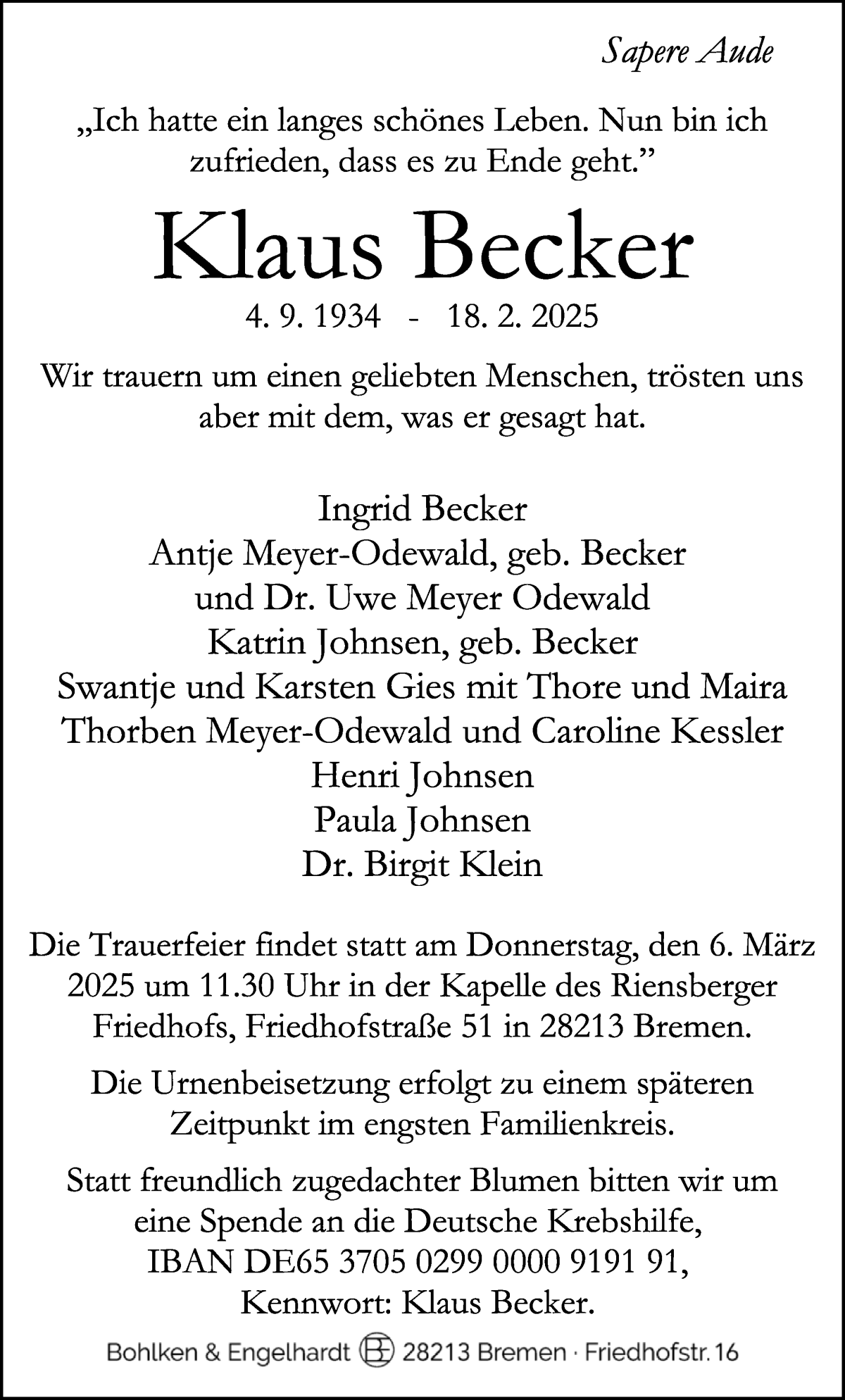Traueranzeige von Klaus Becker von WESER-KURIER