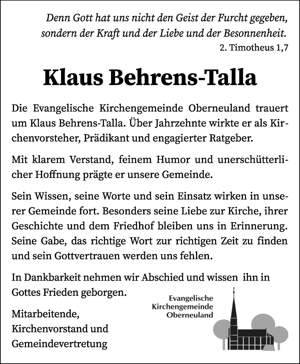 Traueranzeige von Klaus Behrens-Talla von WESER-KURIER