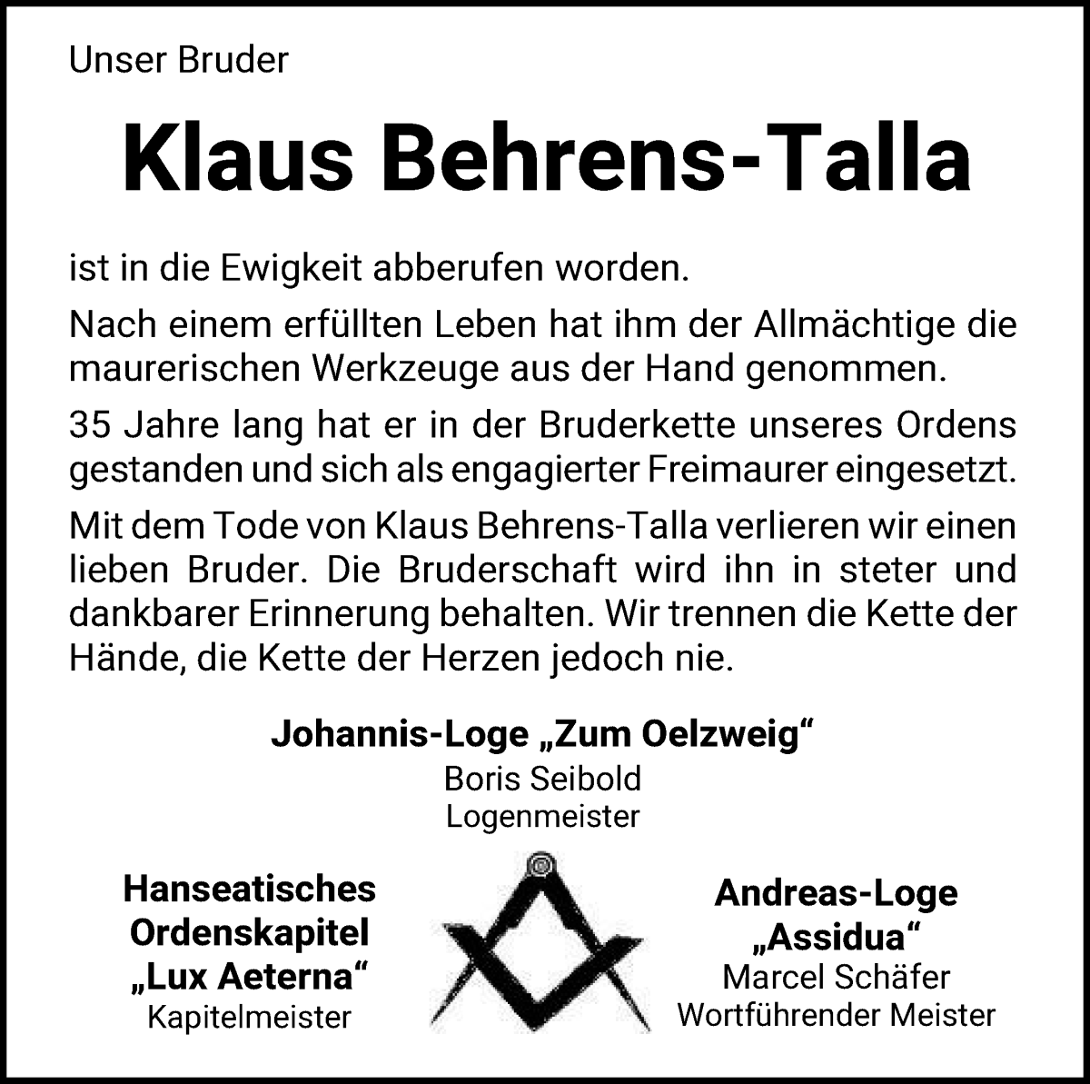 Traueranzeige von Klaus Behrens-Talla von WESER-KURIER