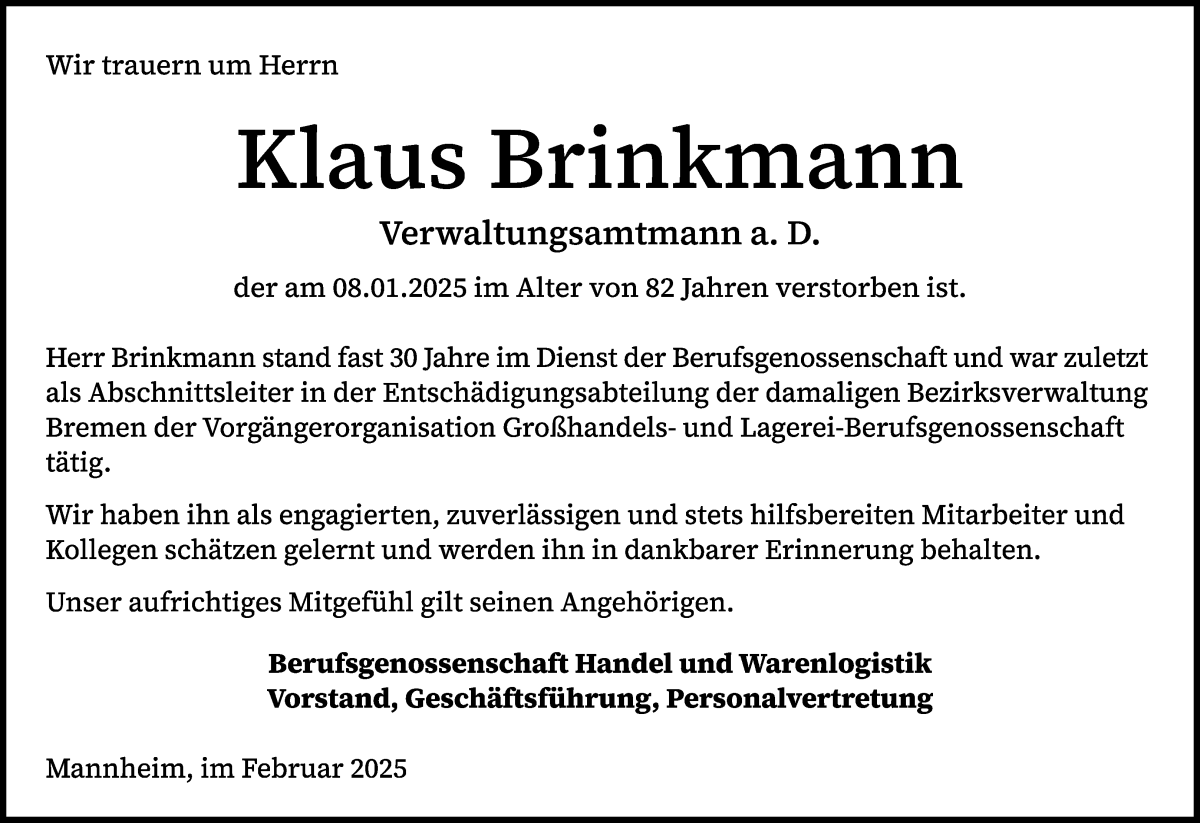 Traueranzeige von Klaus Brinkmann von WESER-KURIER