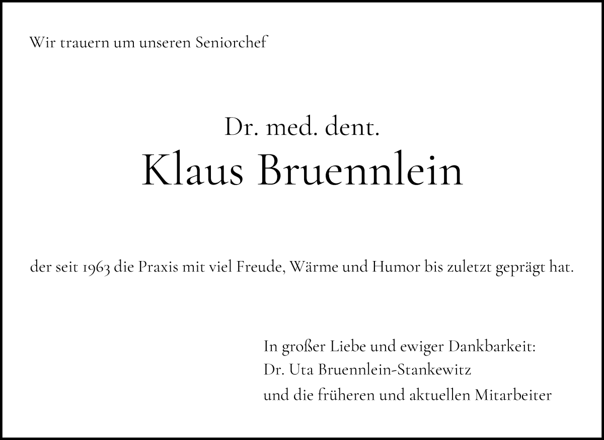 Traueranzeige von Klaus Bruennlein von WESER-KURIER