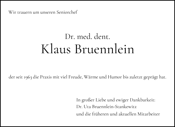 Traueranzeige von Klaus Bruennlein von WESER-KURIER
