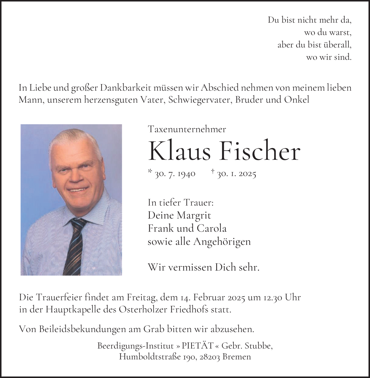 Traueranzeige von Klaus Fischer von WESER-KURIER