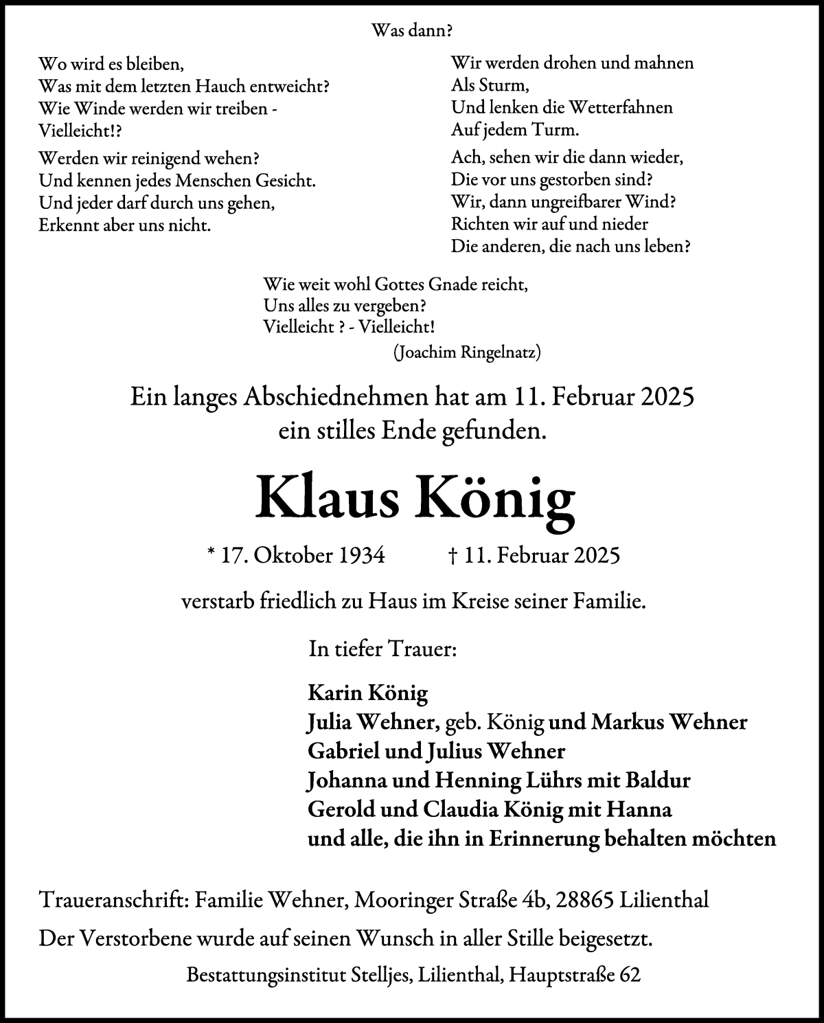 Traueranzeige von Klaus König von Wuemme Zeitung