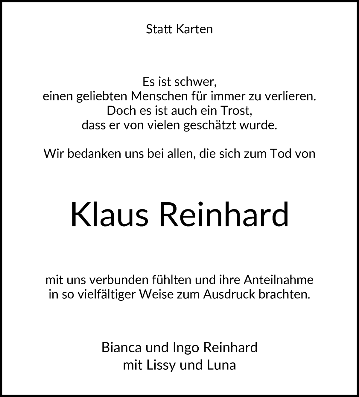 Traueranzeige von Klaus Reinhard von WESER-KURIER
