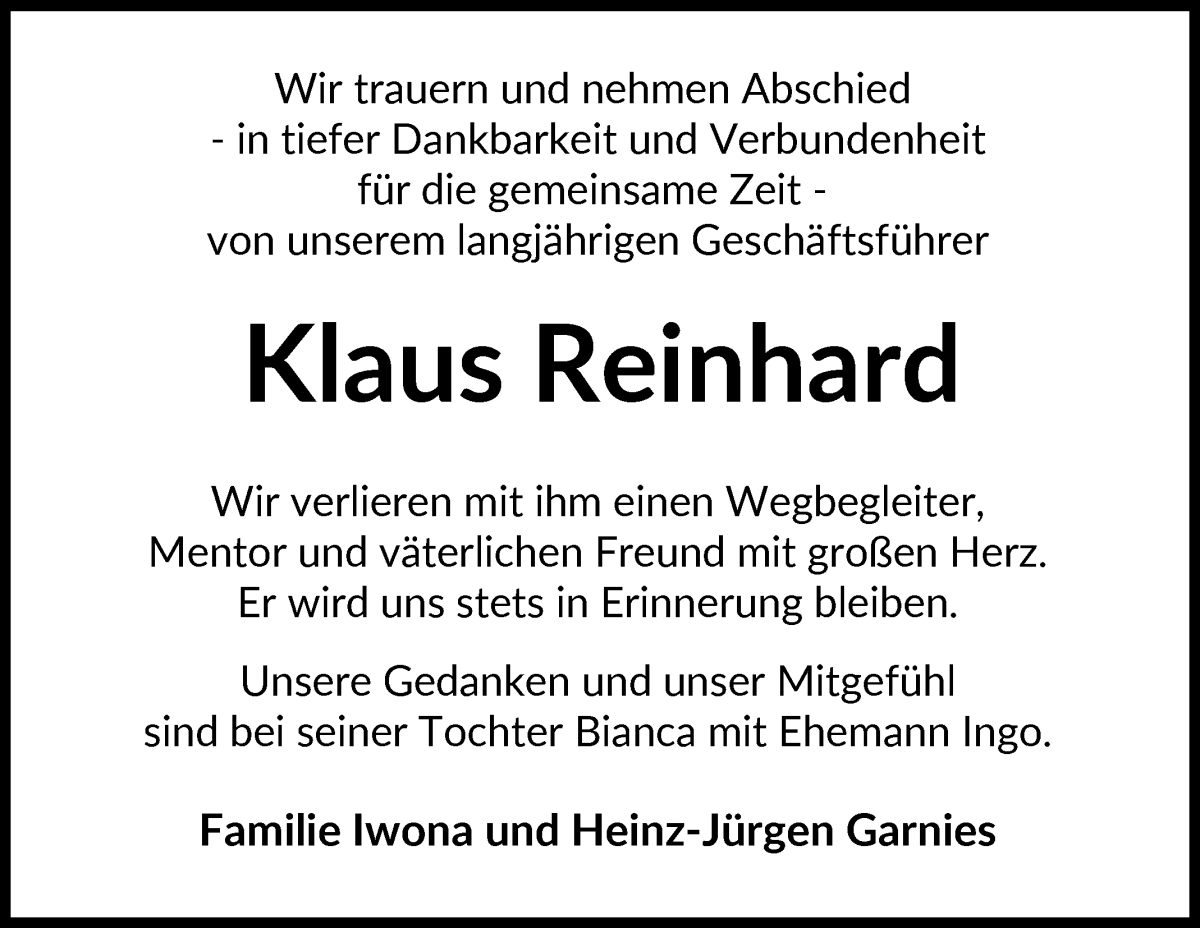 Traueranzeige von Klaus Reinhard von WESER-KURIER