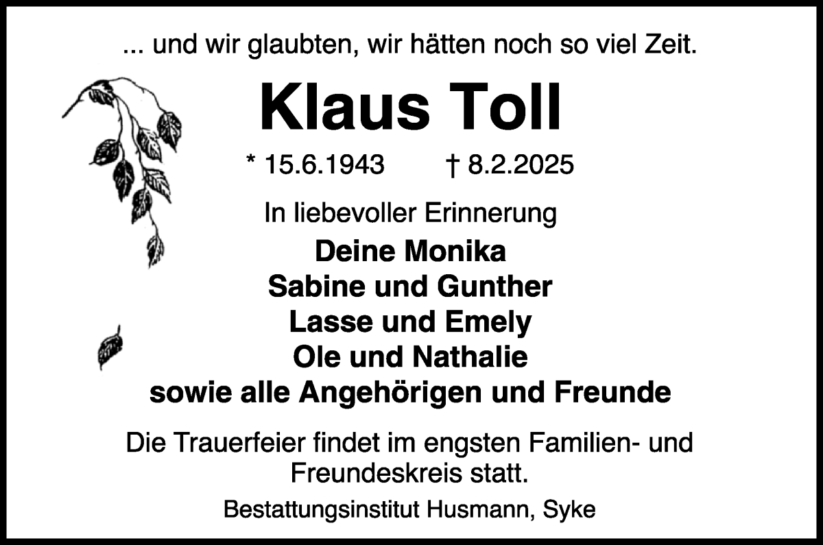 Traueranzeige von Klaus Toll von WESER-KURIER