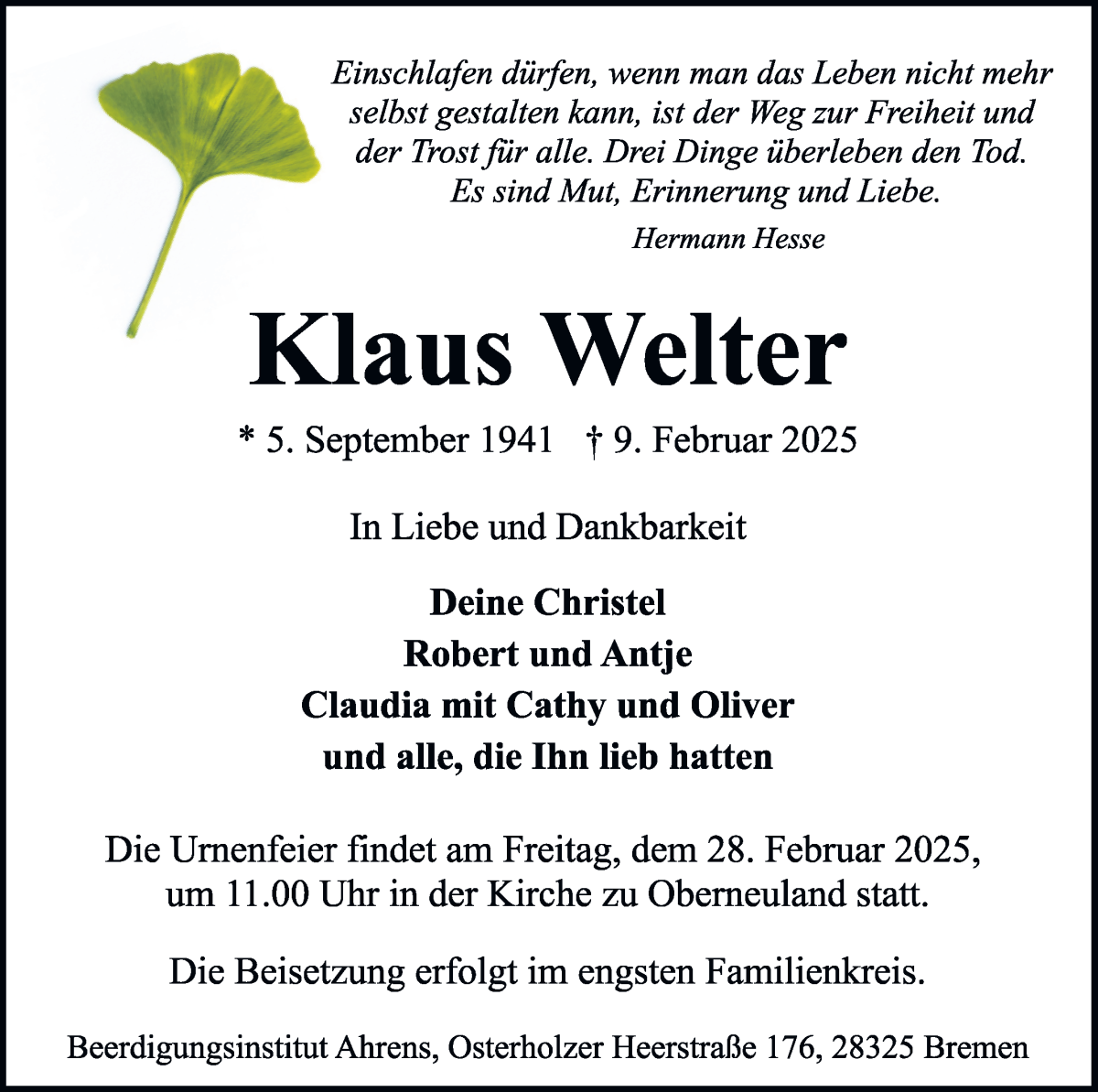 Traueranzeige von Klaus Welter von WESER-KURIER