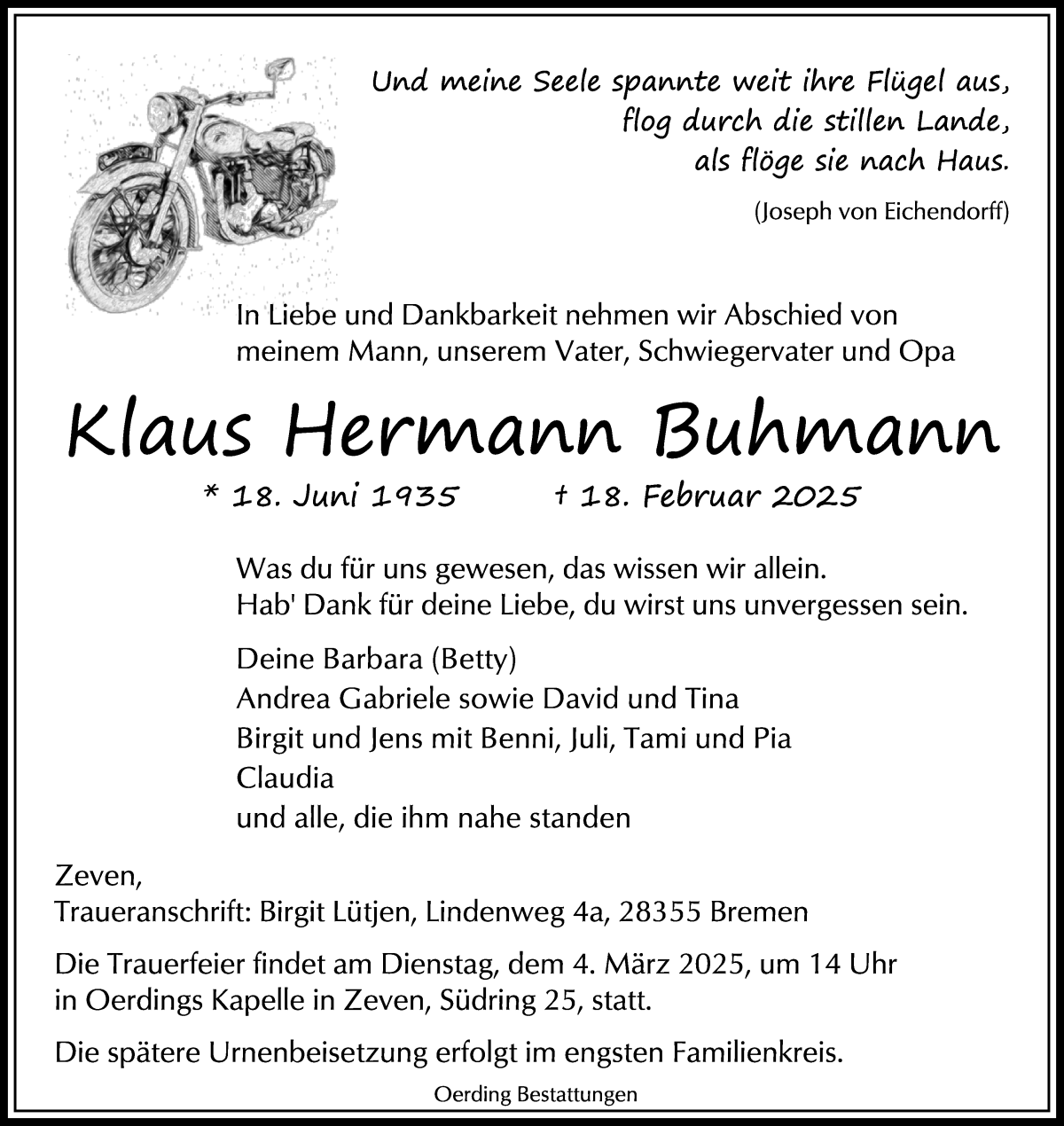 Traueranzeige von Klaus Hermann Buhmann von WESER-KURIER
