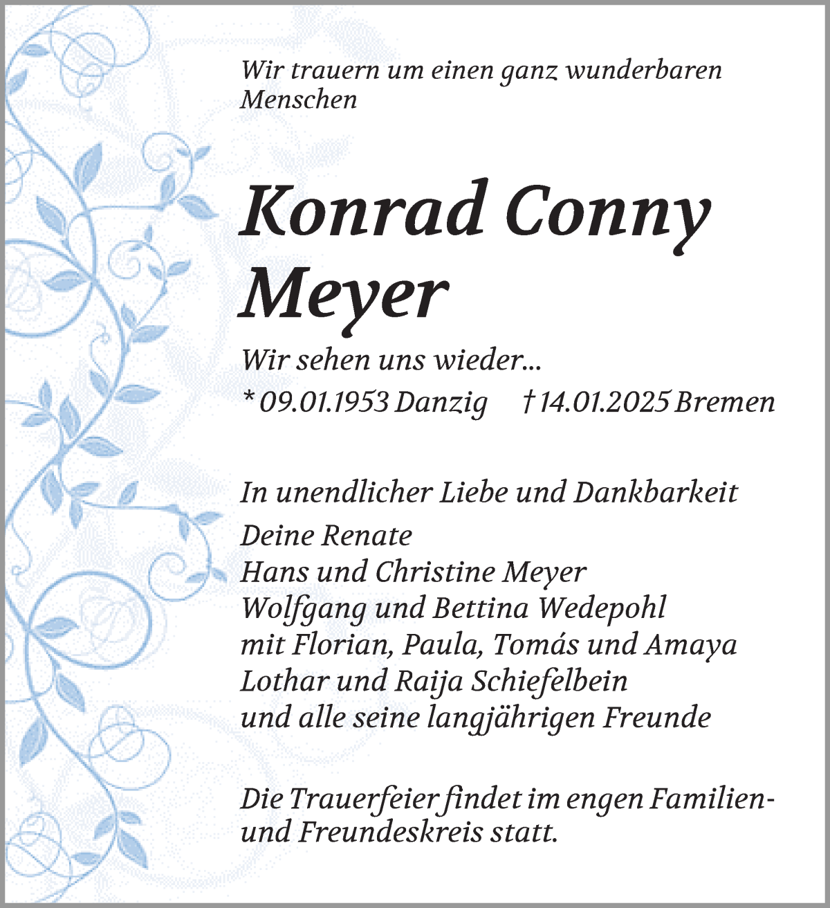 Traueranzeige von Konrad ( Conny ) Meyer von Wuemme Zeitung