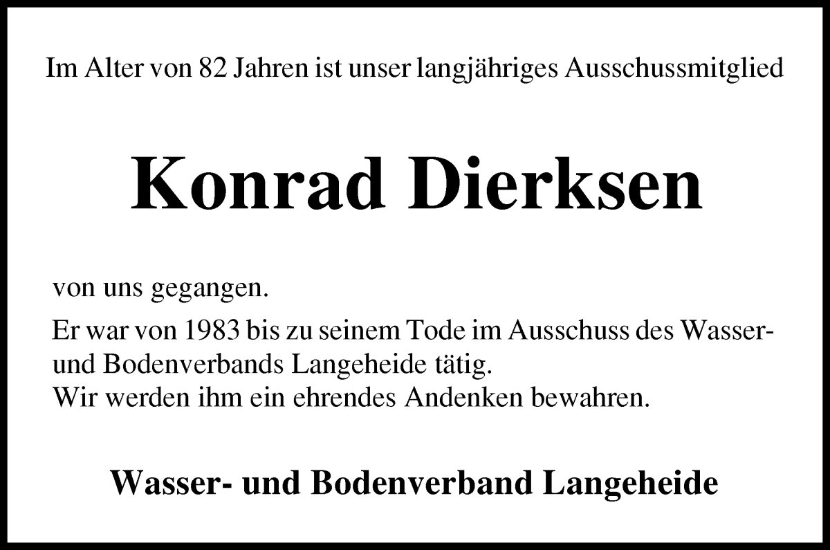 Traueranzeige von Konrad Dierksen von Osterholzer Kreisblatt