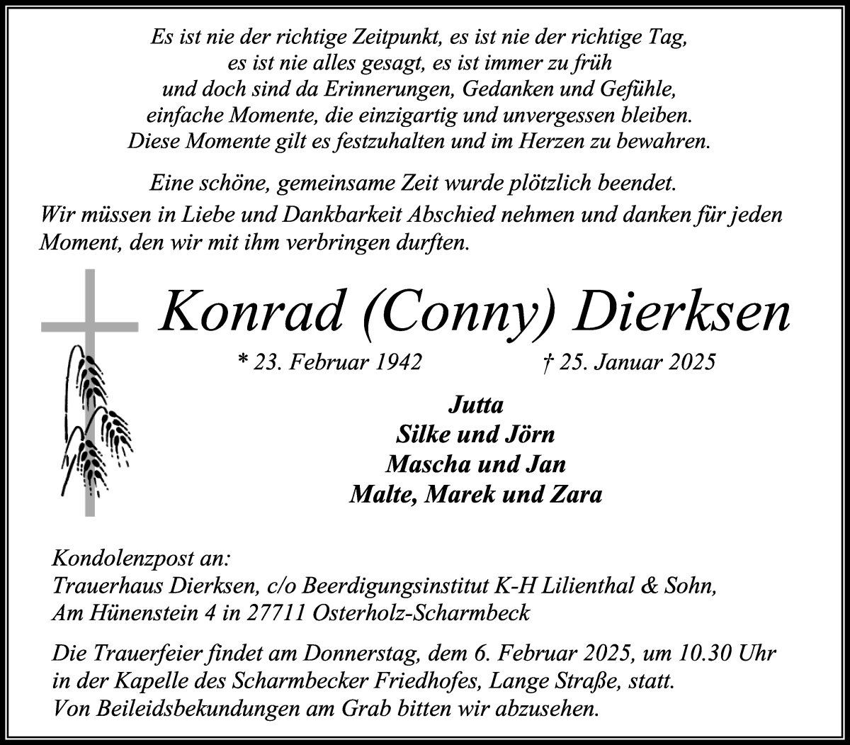 Traueranzeige von Konrad Dierksen von Osterholzer Kreisblatt