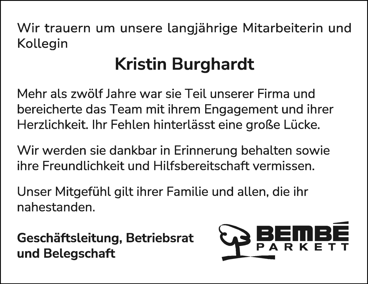 Traueranzeige von Kristin Burghardt von WESER-KURIER