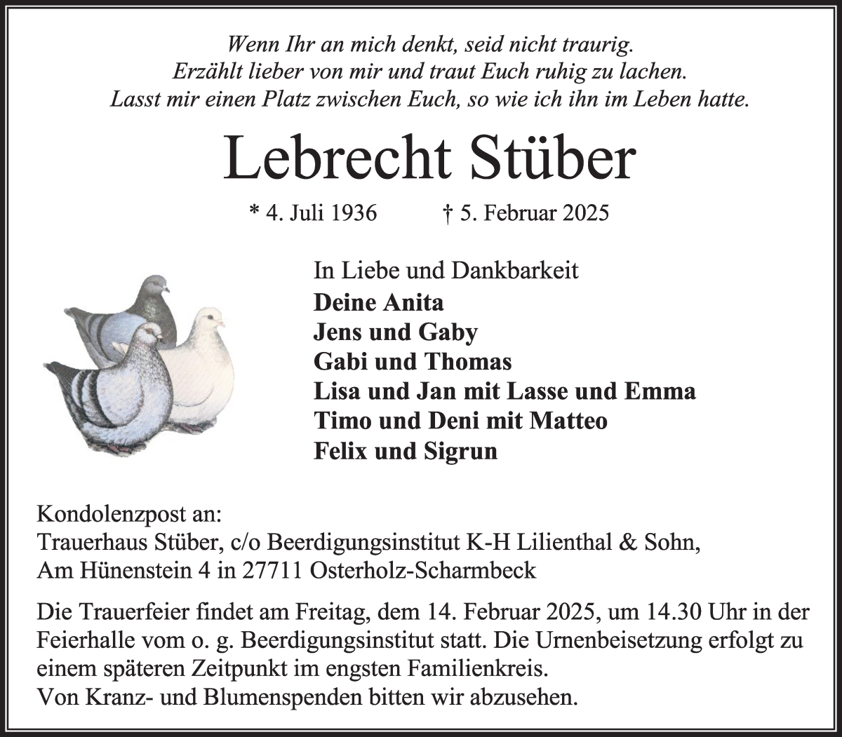 Traueranzeige von Lebrecht Stüber von Osterholzer Kreisblatt