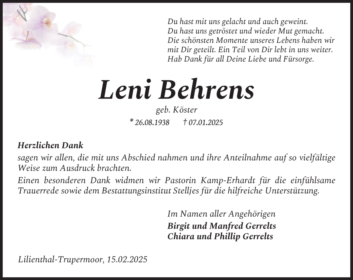 Traueranzeige von Leni Behrens von Wuemme Zeitung