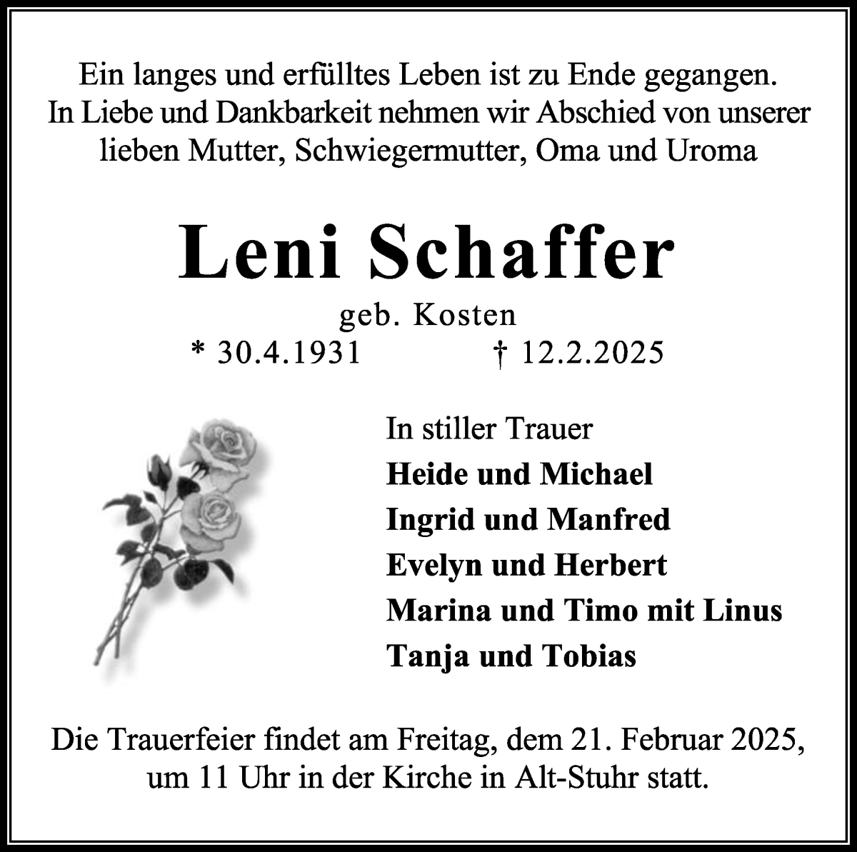 Traueranzeige von Leni Schaffer von Regionale Rundschau/Syker Kurier