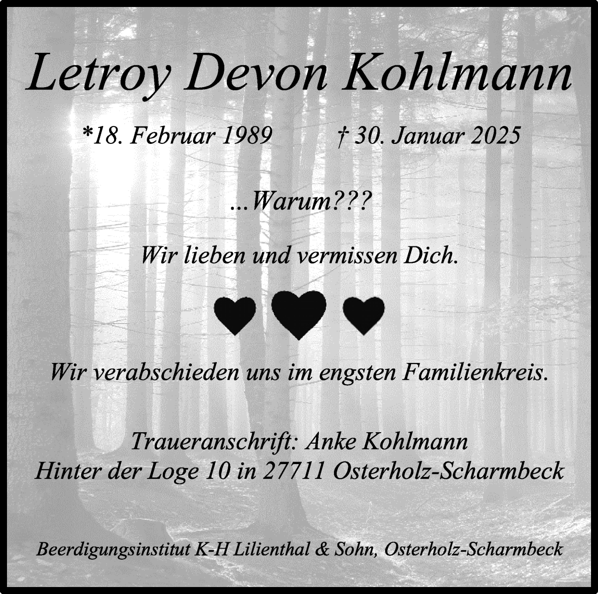 Traueranzeige von Letroy Devon Kohlmann von Osterholzer Kreisblatt
