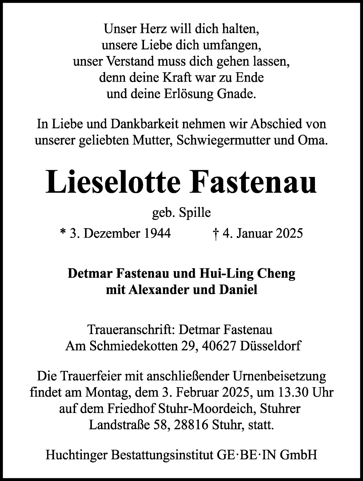 Traueranzeige von Lieselotte Fastenau von WESER-KURIER