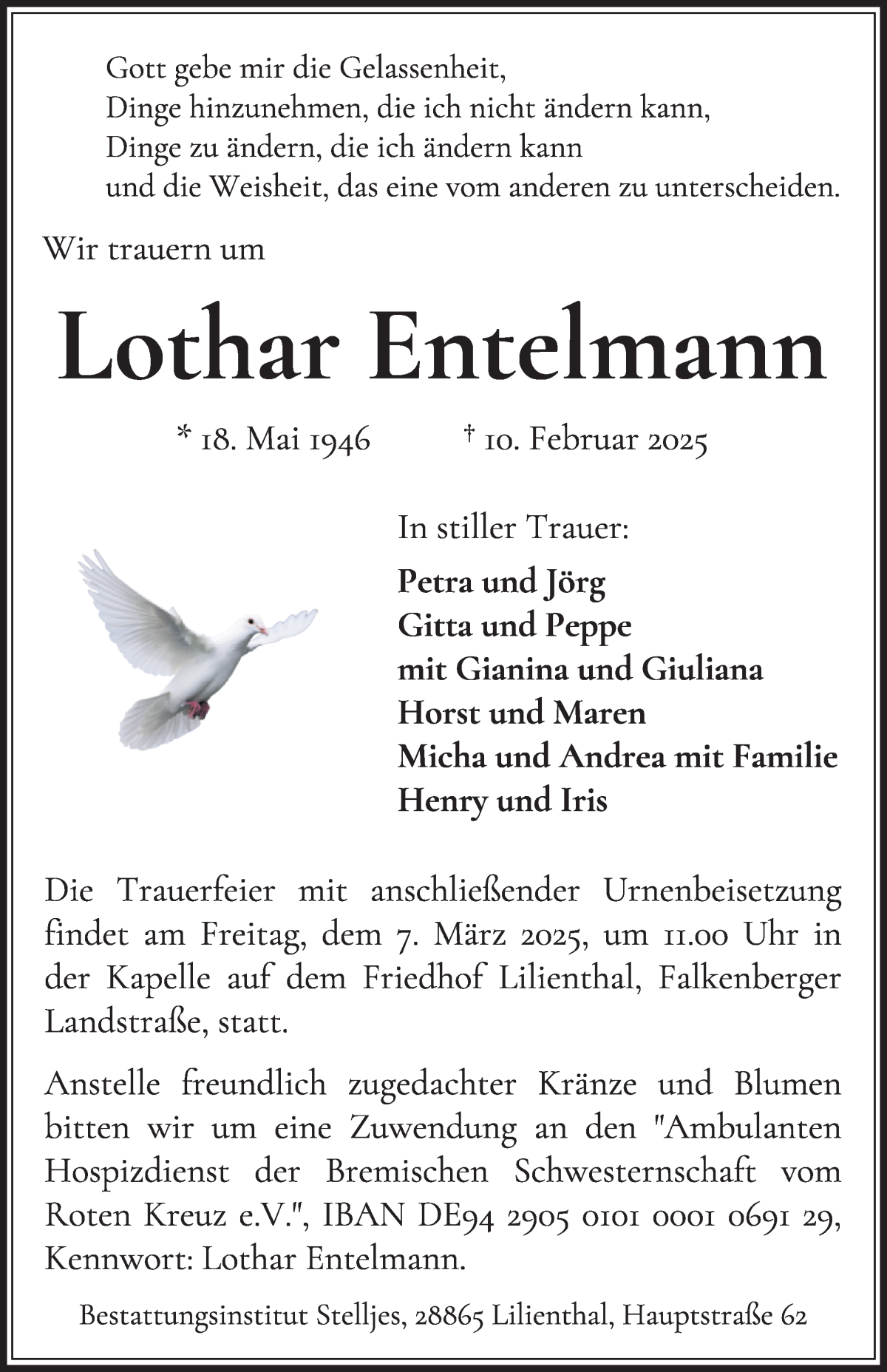 Traueranzeige von Lothar Entelmann von Wuemme Zeitung
