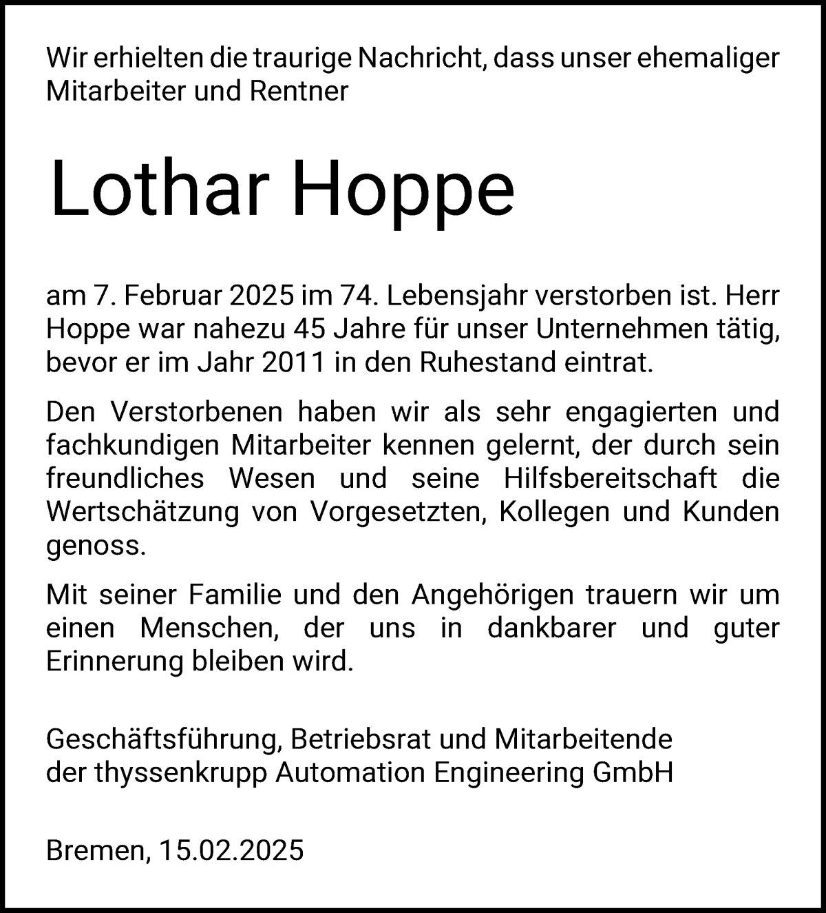 Traueranzeige von Lothar Hoppe von Die Norddeutsche