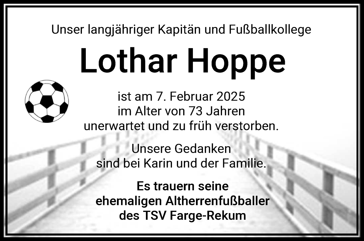 Traueranzeige von Lothar Hoppe von Die Norddeutsche