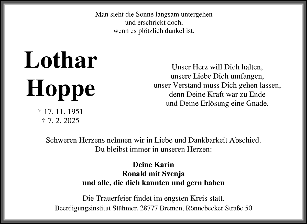 Traueranzeige von Lothar Hoppe von Die Norddeutsche