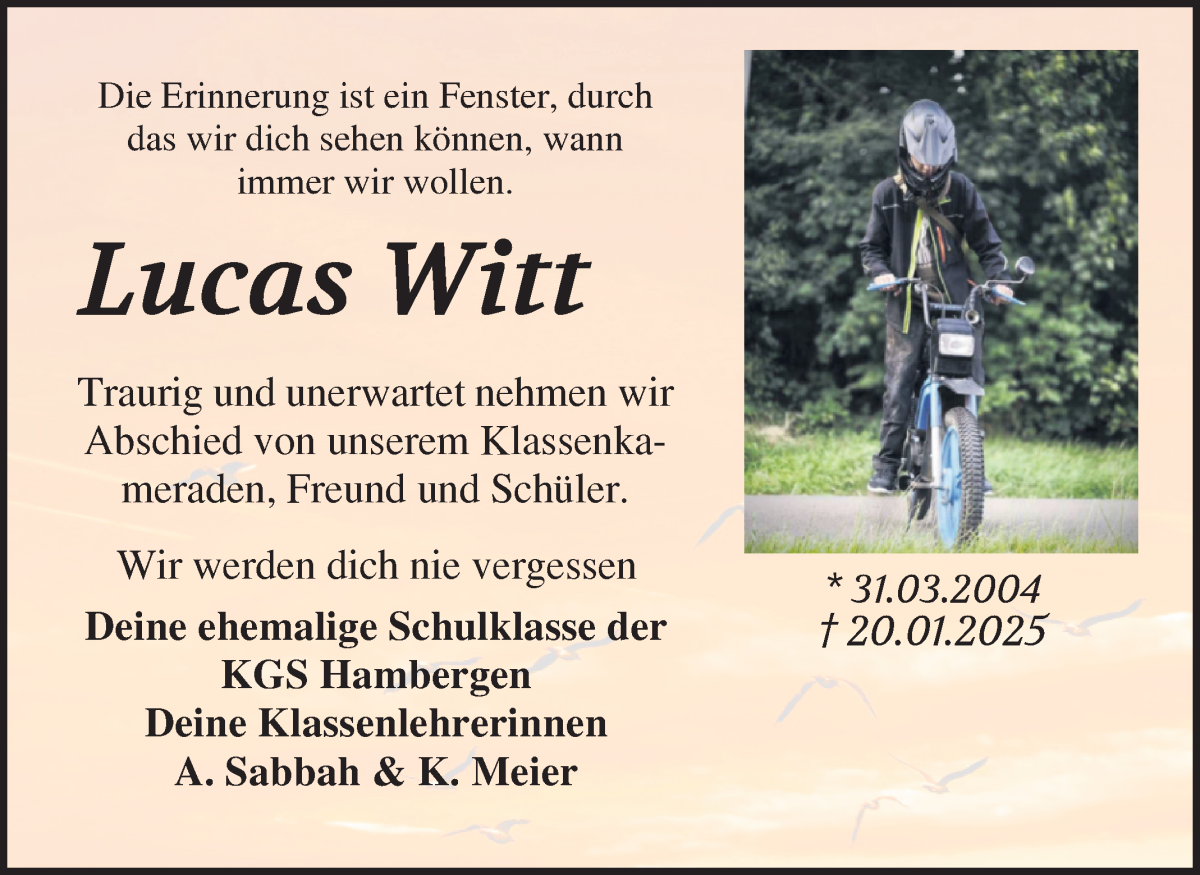 Traueranzeige von Lucas Witt von Osterholzer Kreisblatt