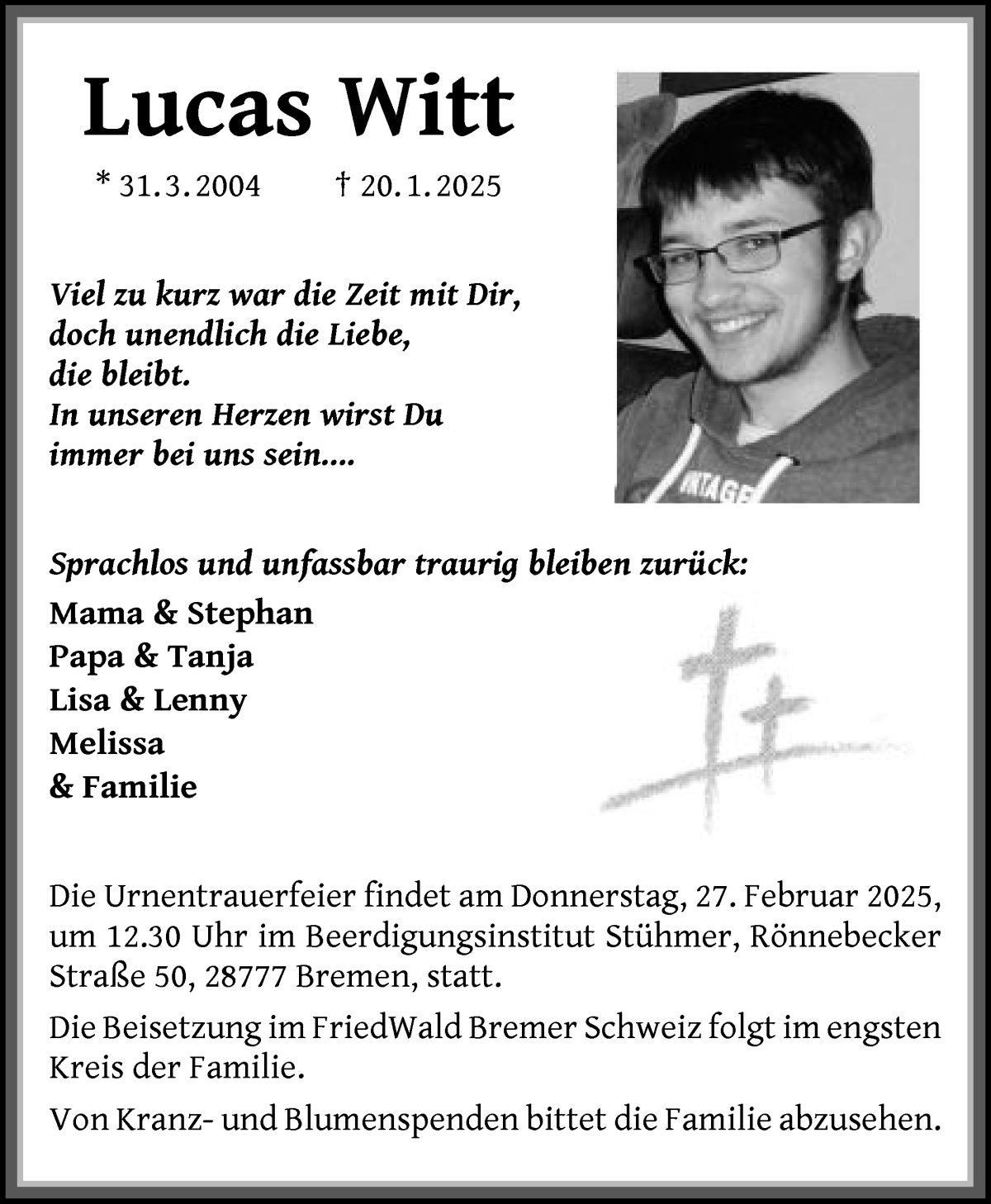 Traueranzeige von Lucas Witt von Osterholzer Kreisblatt