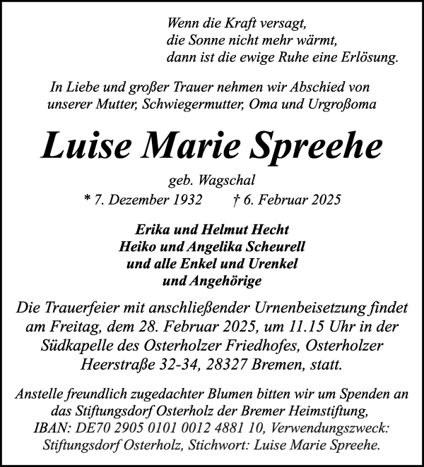 Traueranzeige von Luise Marie Spreehe von WESER-KURIER