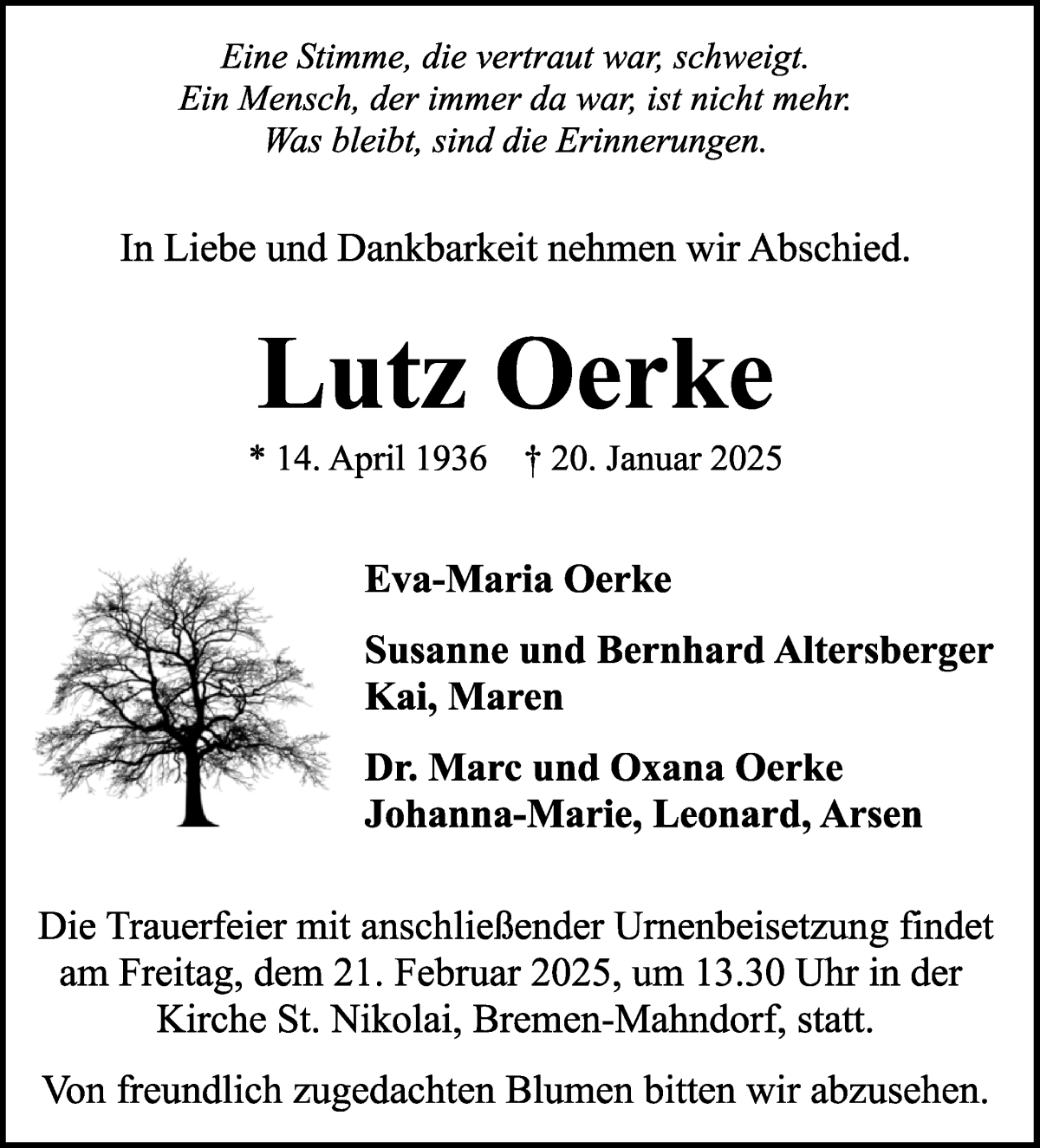 Traueranzeige von Lutz Oerke von WESER-KURIER