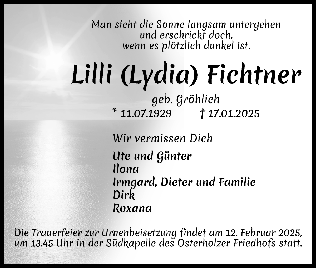 Traueranzeige von Lydia Fichtner von WESER-KURIER