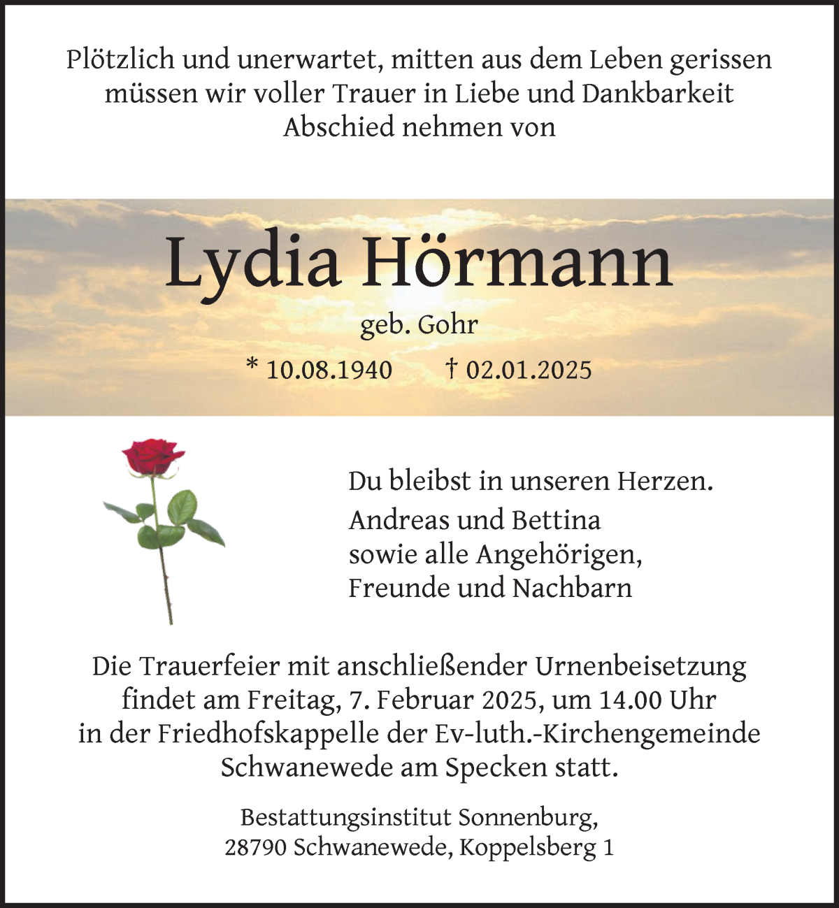 Traueranzeige von Lydia Hörmann von Die Norddeutsche