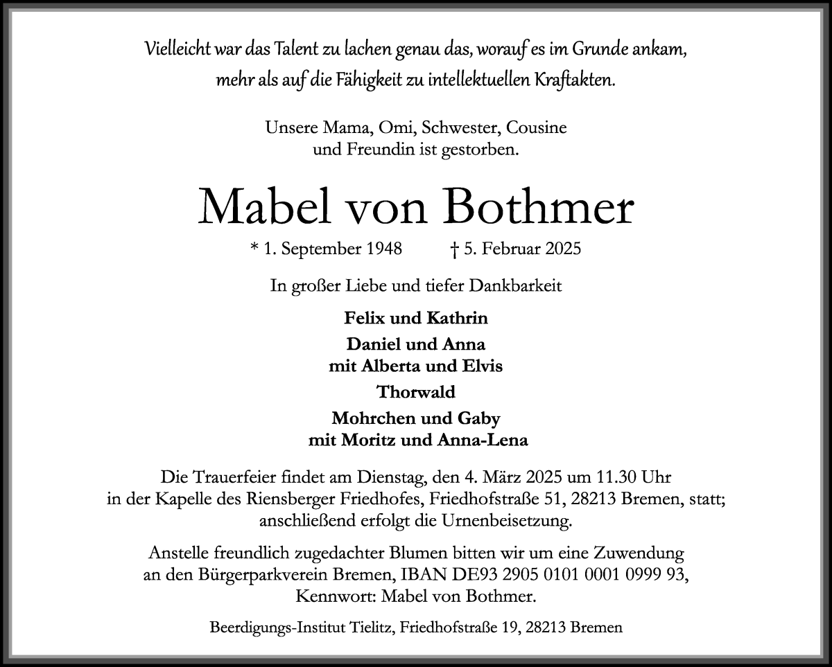 Traueranzeige von Mabel von Bothmer von WESER-KURIER