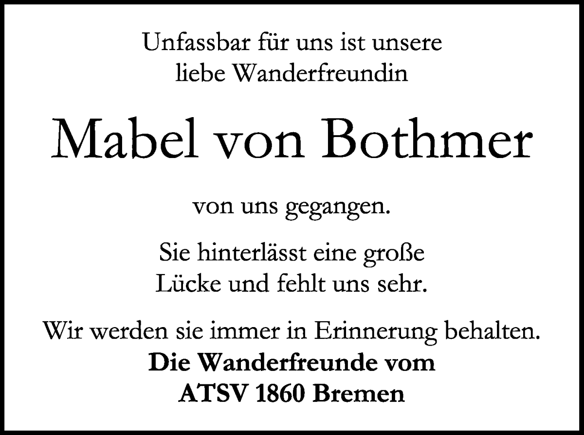 Traueranzeige von Mabel von Bothmer von WESER-KURIER