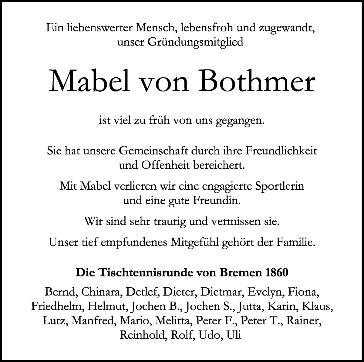 Traueranzeige von Mabel von Bothmer von WESER-KURIER
