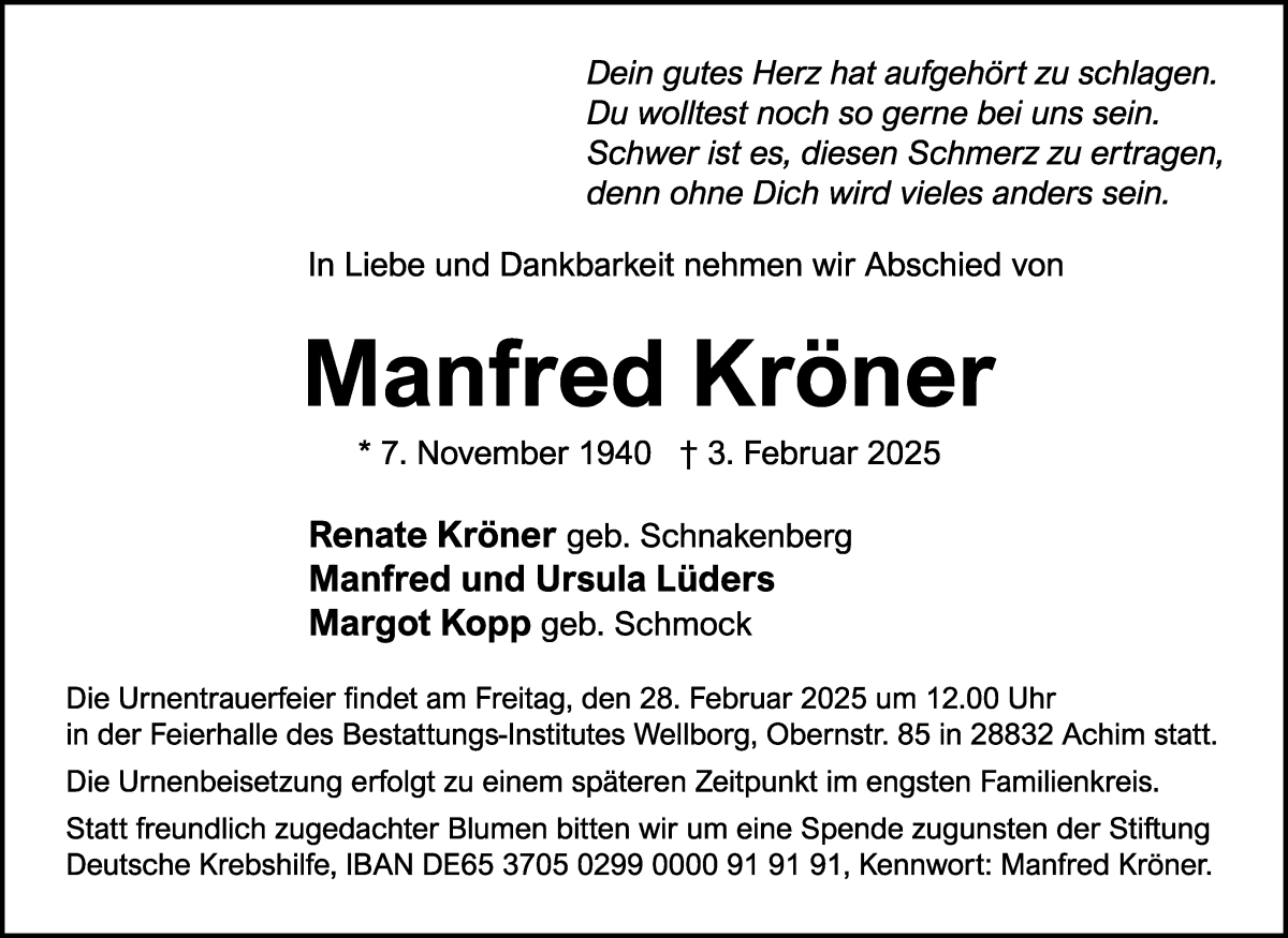 Traueranzeige von Manfred Kröner von WESER-KURIER