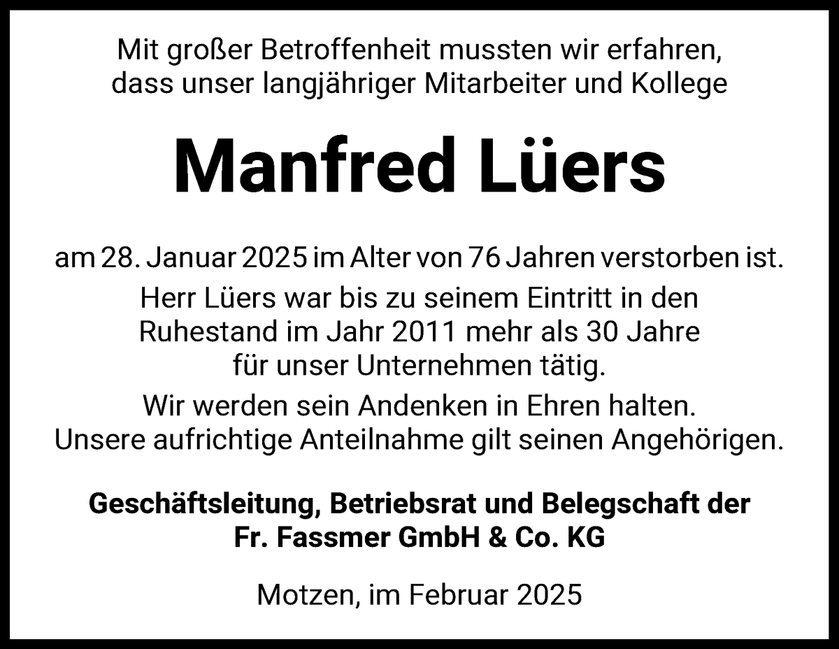 Traueranzeige von Manfred Lüers von Die Norddeutsche