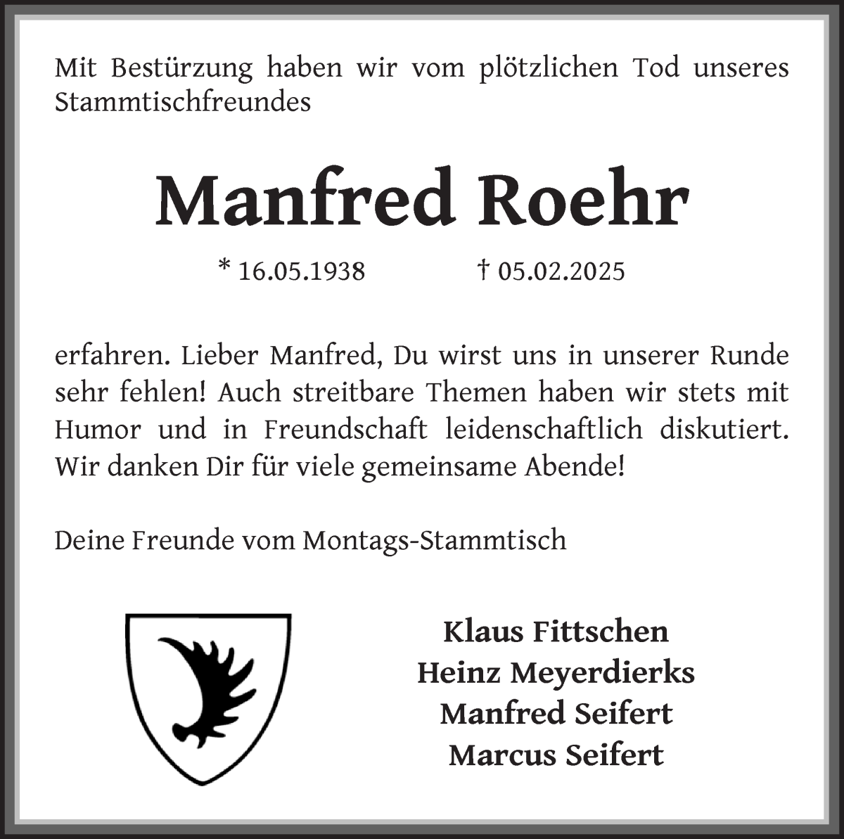 Traueranzeige von Manfred Roehr von Wuemme Zeitung