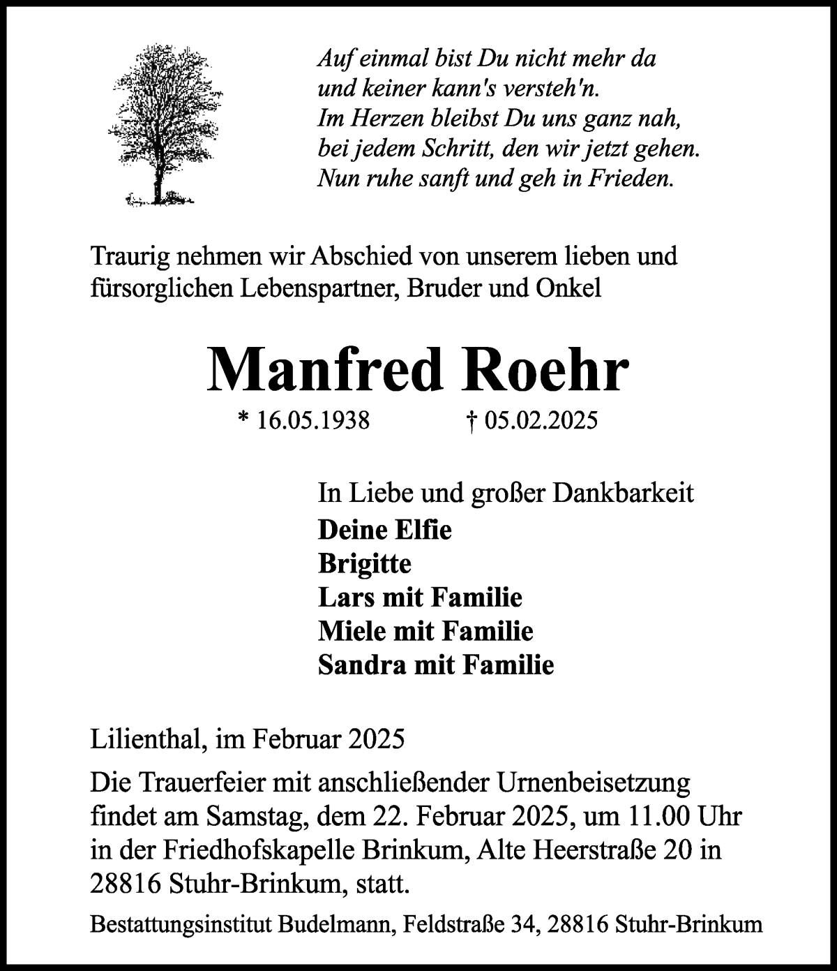 Traueranzeige von Manfred Roehr von WESER-KURIER