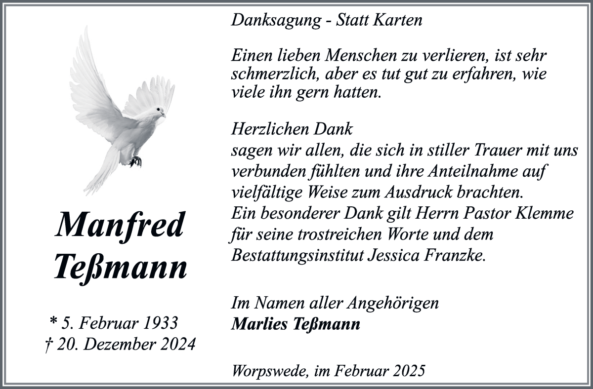 Traueranzeige von Manfred Teßmann von Wuemme Zeitung