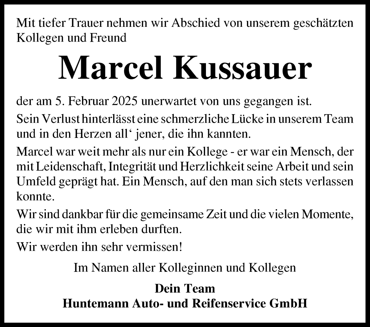 Traueranzeige von Marcel Kussauer von Regionale Rundschau/Syker Kurier