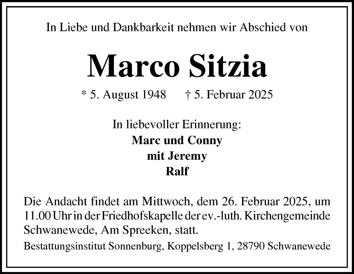 Traueranzeige von Marco Sitzia von Die Norddeutsche
